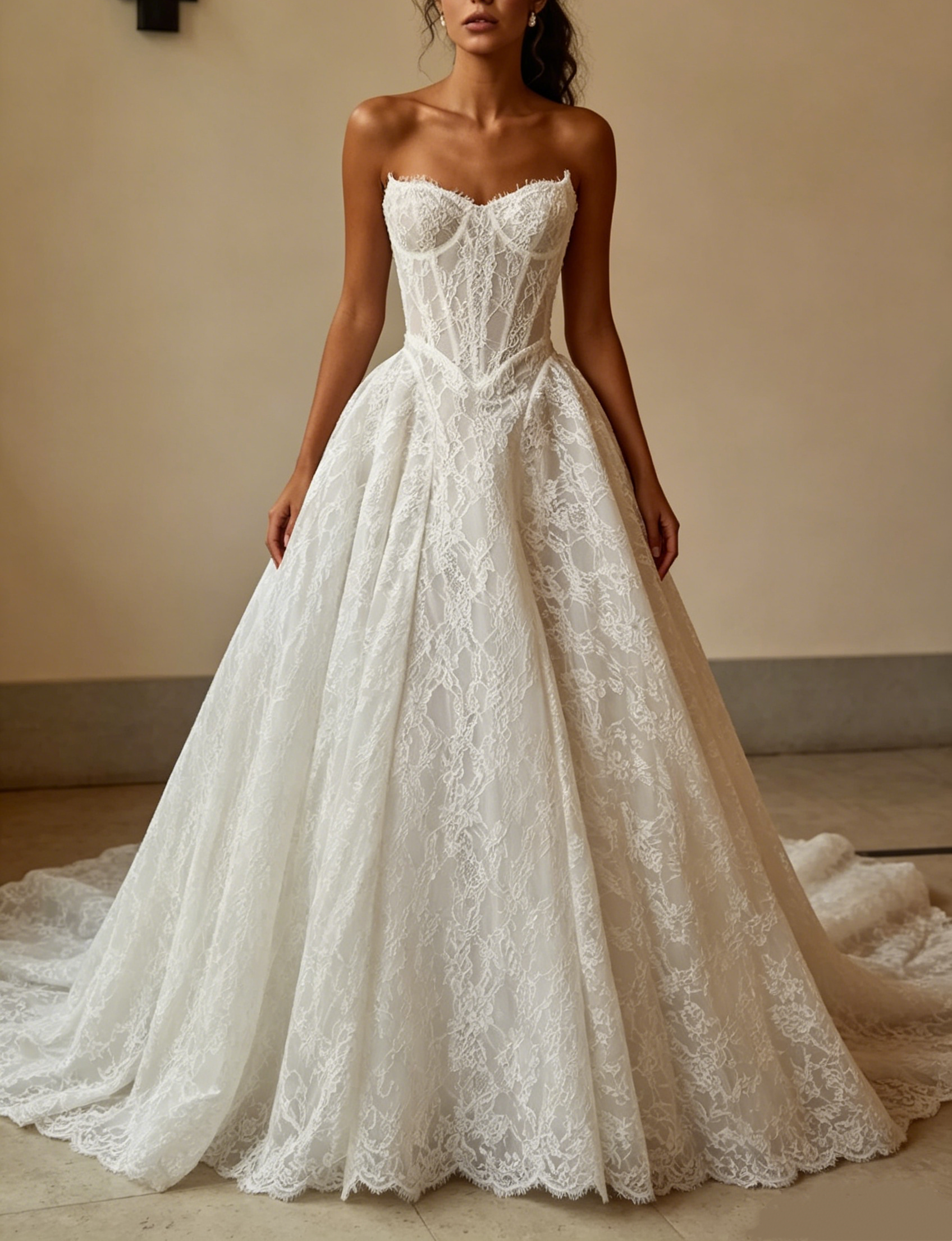 Classic Ivory Strapless Sweetheart Corset Bodice Floral Lace A-Line Wedding Dress TP5918