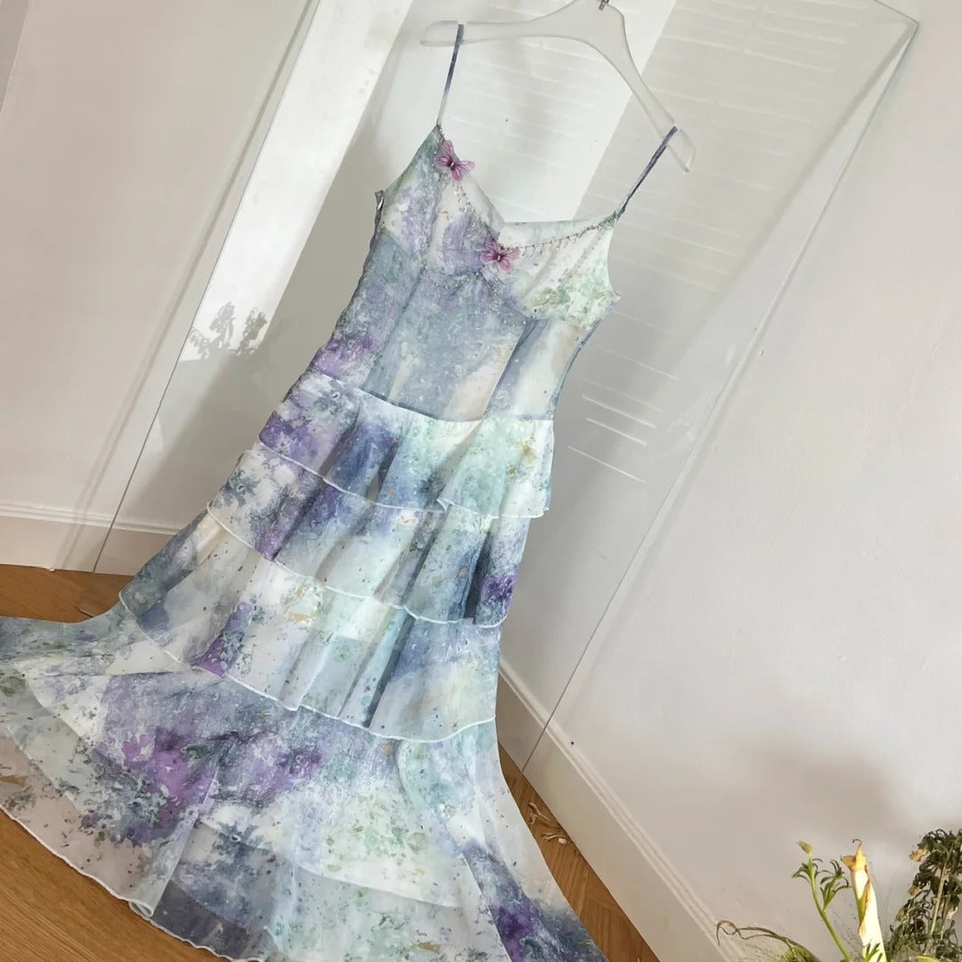 Dreamy Purple And Blue Gradient A-line Spaghetti Strap Cake Chiffon Long Prom Dress Evening Dress P4009