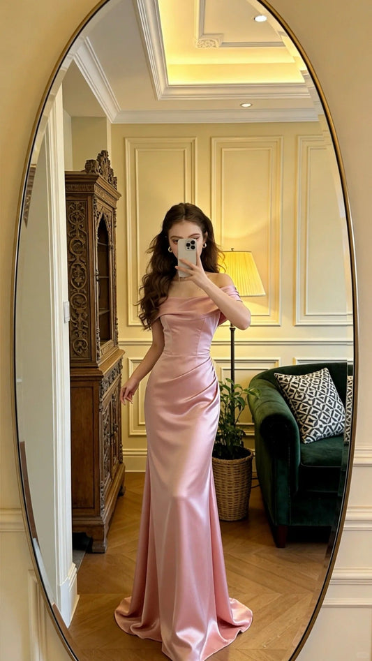 Elegant Pink Off-the-Shoulder Mermaid Ruched Satin Long Prom Dress Evening Dress P4900