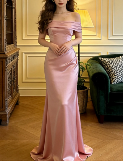 Elegant Pink Off-the-Shoulder Mermaid Ruched Satin Long Prom Dress Evening Dress P4900