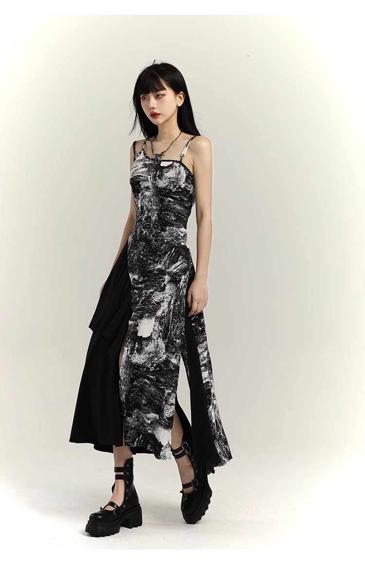 Fashion Black & White Ink Artistic Sense Irregular Design Spaghetti Strap Dress TP2919