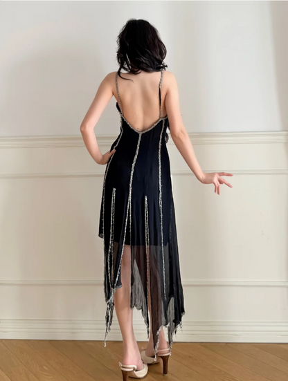 Vintage Black Spaghetti Strap V-Neck Backless Irregular Hem Chiffon Prom Dress Evening Dress P4901
