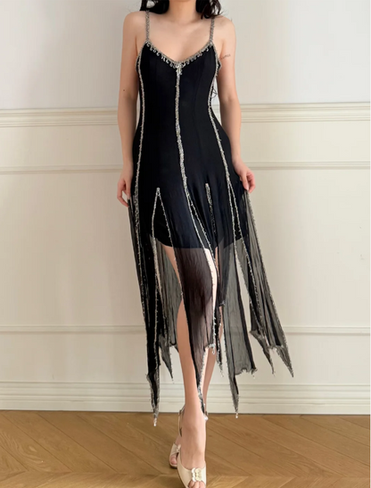 Vintage Black Spaghetti Strap V-Neck Backless Irregular Hem Chiffon Prom Dress Evening Dress P4901
