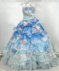 Glamorous Ombre Blue Floral Halter Neck Ruffled Tulle 3D Roses Sweet 15 Quinceanera Ball Gown TP5489