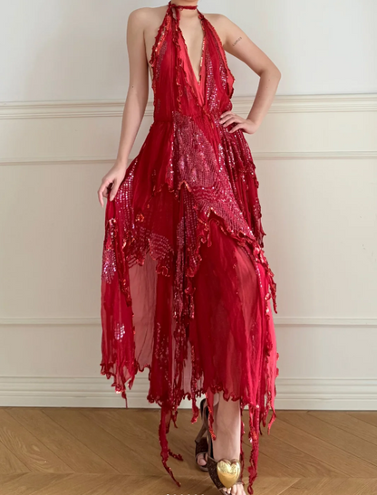 Stunning Red Halter Backless Sequin Tulle Irregular Prom Dress Evening Dress P4902