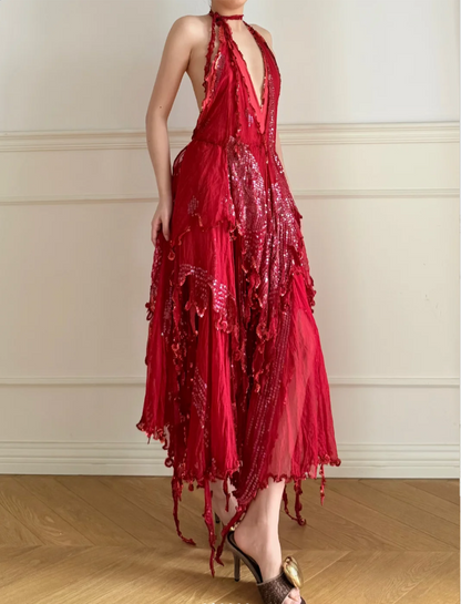 Stunning Red Halter Backless Sequin Tulle Irregular Prom Dress Evening Dress P4902