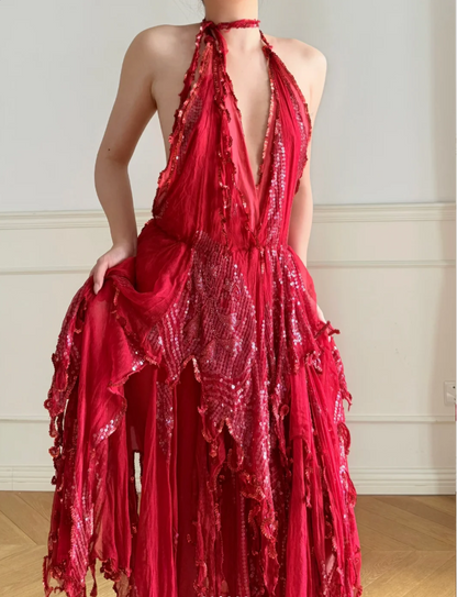 Stunning Red Halter Backless Sequin Tulle Irregular Prom Dress Evening Dress P4902
