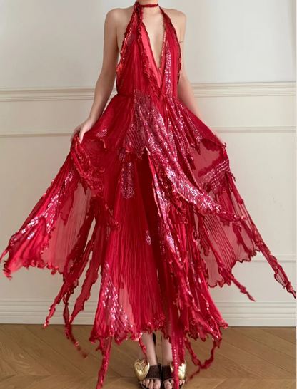 Stunning Red Halter Backless Sequin Tulle Irregular Prom Dress Evening Dress P4902