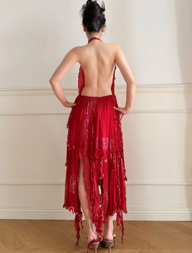 Stunning Red Halter Backless Sequin Tulle Irregular Prom Dress Evening Dress P4902
