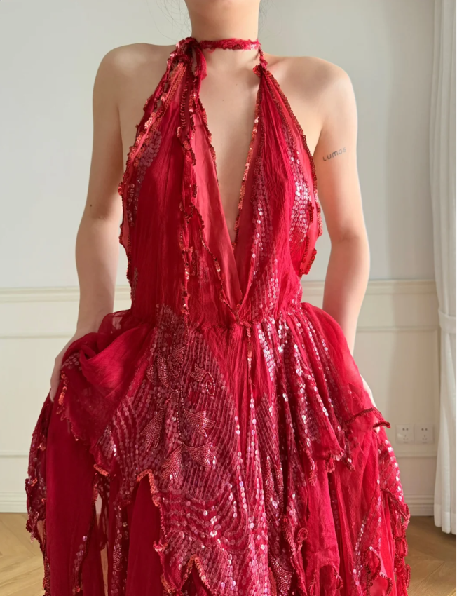 Stunning Red Halter Backless Sequin Tulle Irregular Prom Dress Evening Dress P4902
