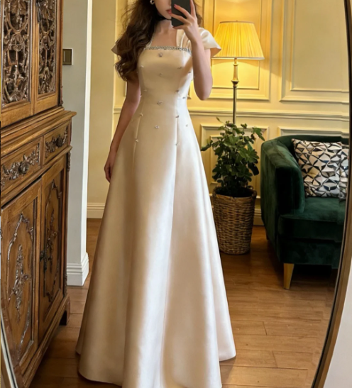 Elegant Ivory Square Neck A-Line Beaded Satin Long Prom Dress Evening Dress P4903