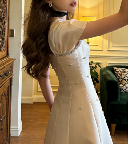 Elegant Ivory Square Neck A-Line Beaded Satin Long Prom Dress Evening Dress P4903