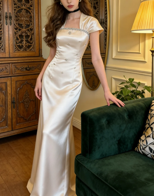 Elegant Ivory Square Neck A-Line Beaded Satin Long Prom Dress Evening Dress P4903