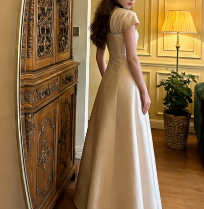 Elegant Ivory Square Neck A-Line Beaded Satin Long Prom Dress Evening Dress P4903