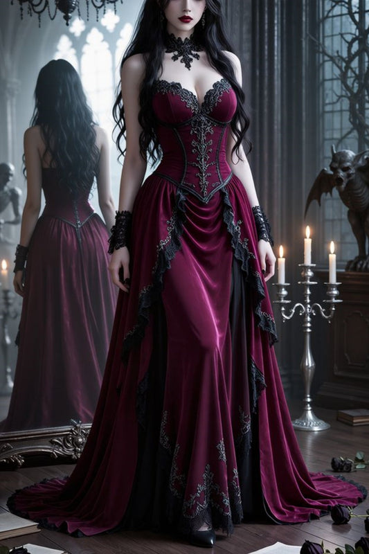 girlhomeshops-Purple Velvet Long Floor-Length Prom Dress With Train gh5942