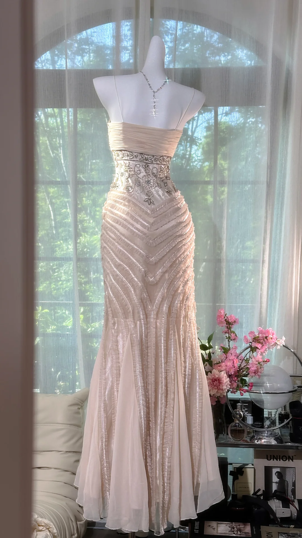Gorgeous Pink Embroidery Spaghetti Strap Mermaid Chiffon Prom Dress Evening Dress TP4311