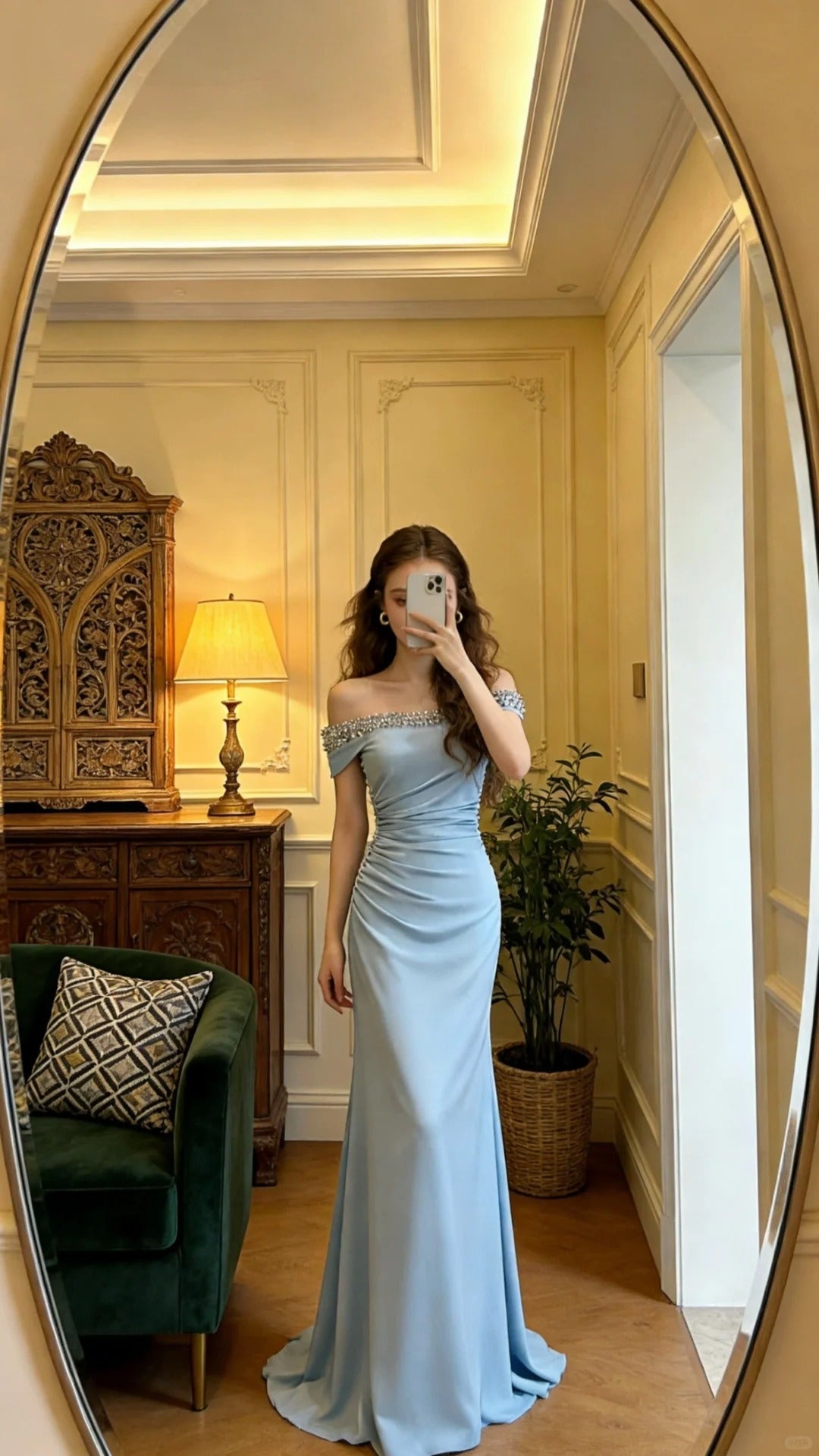 Beautiful Blue Off-the-Shoulder Mermaid Beaded Satin Long Prom Dress Evening Dress P4904