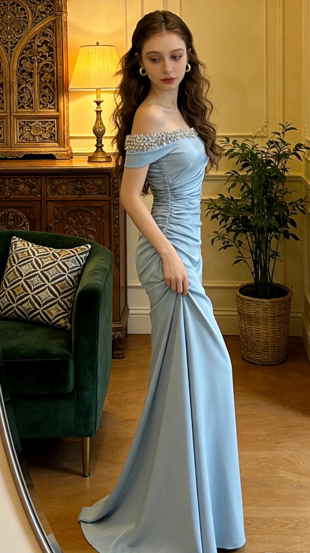 Beautiful Blue Off-the-Shoulder Mermaid Beaded Satin Long Prom Dress Evening Dress P4904