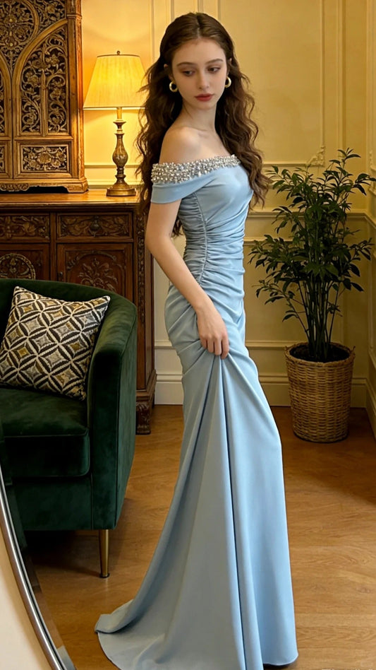 Beautiful Blue Off-the-Shoulder Mermaid Beaded Satin Long Prom Dress Evening Dress P4904