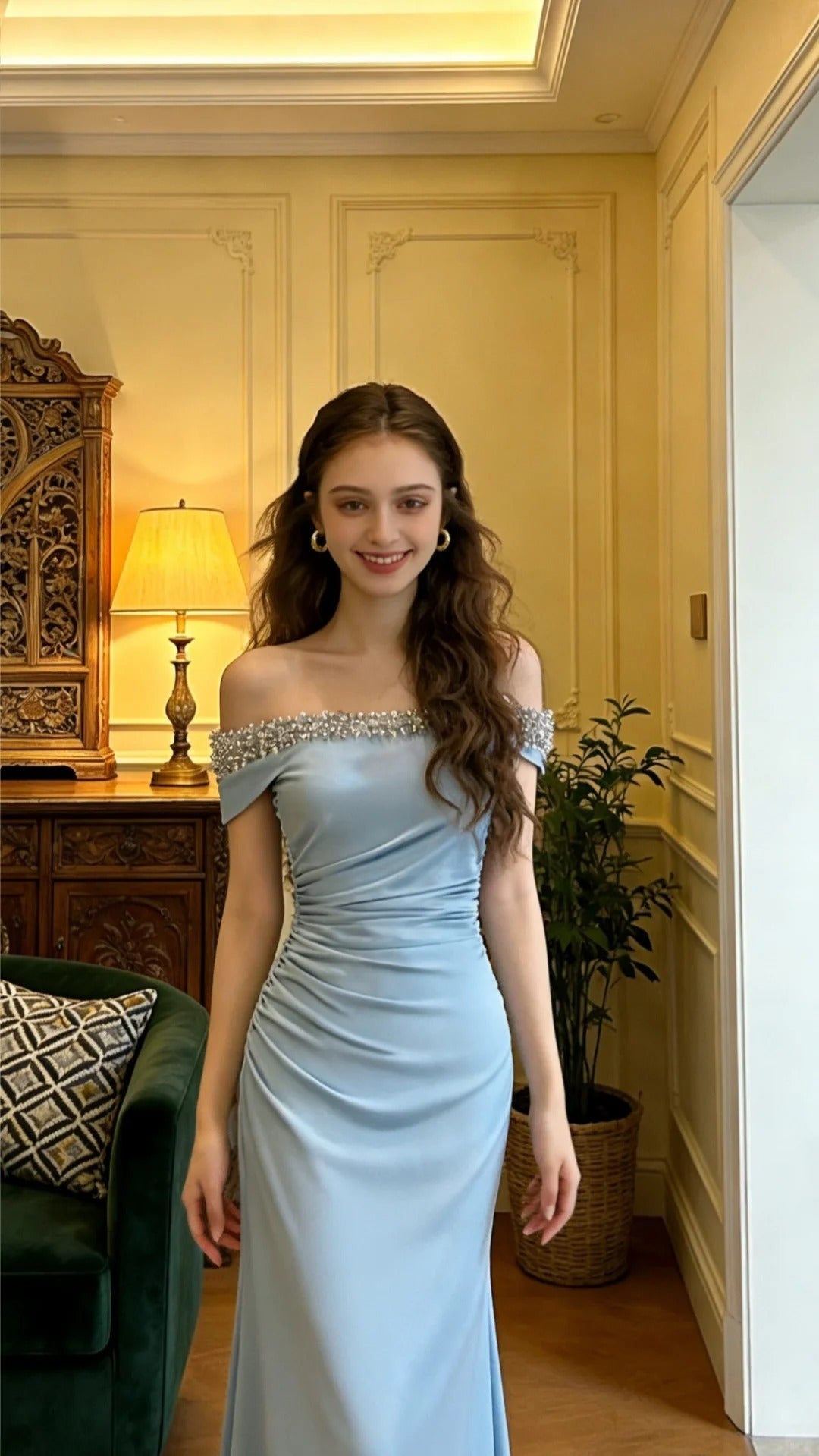 Beautiful Blue Off-the-Shoulder Mermaid Beaded Satin Long Prom Dress Evening Dress P4904