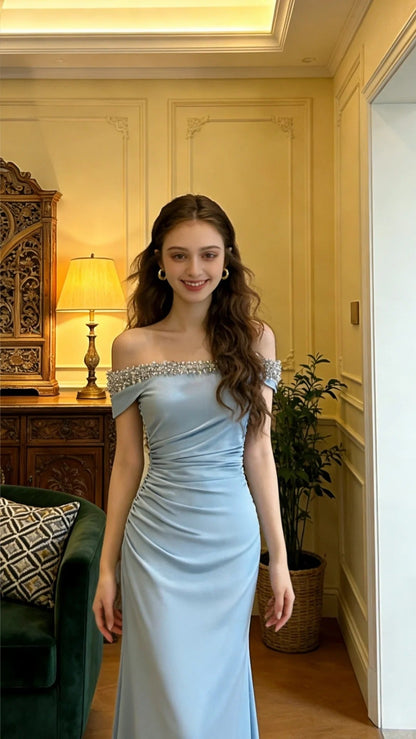 Beautiful Blue Off-the-Shoulder Mermaid Beaded Satin Long Prom Dress Evening Dress P4904