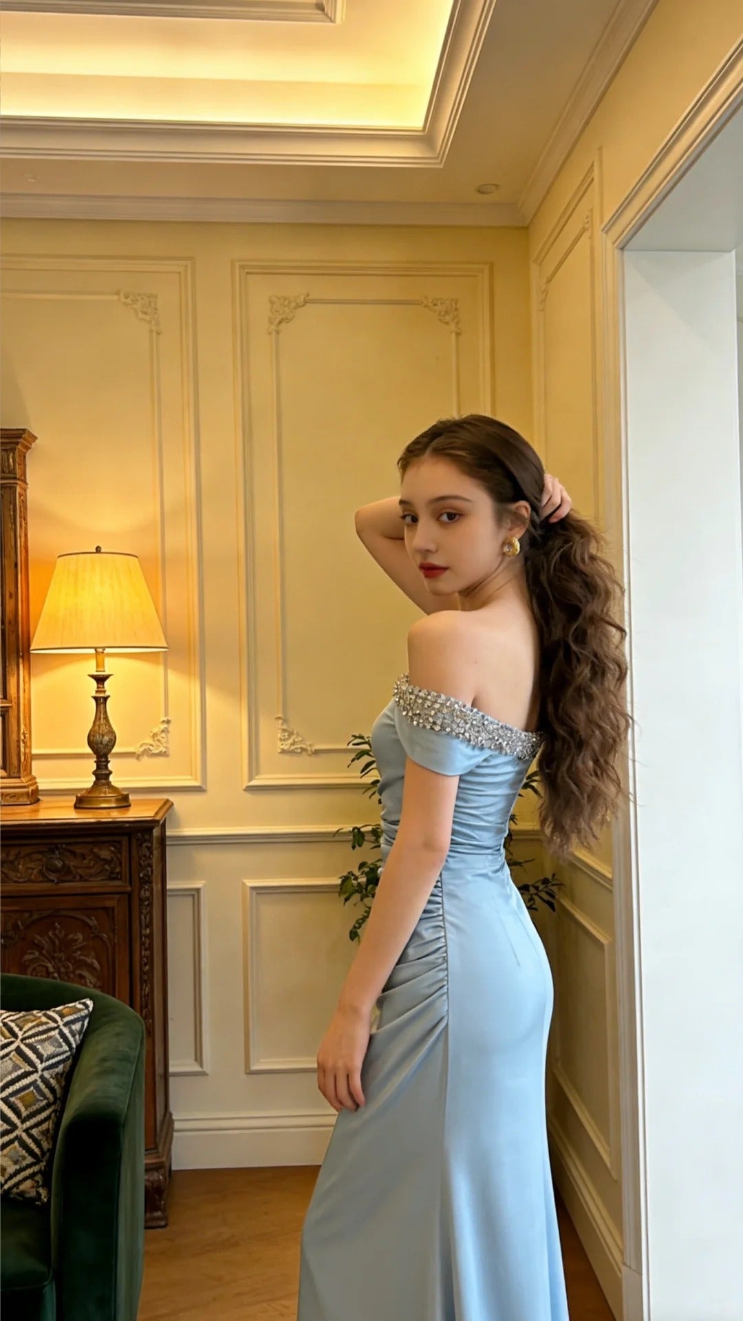 Beautiful Blue Off-the-Shoulder Mermaid Beaded Satin Long Prom Dress Evening Dress P4904