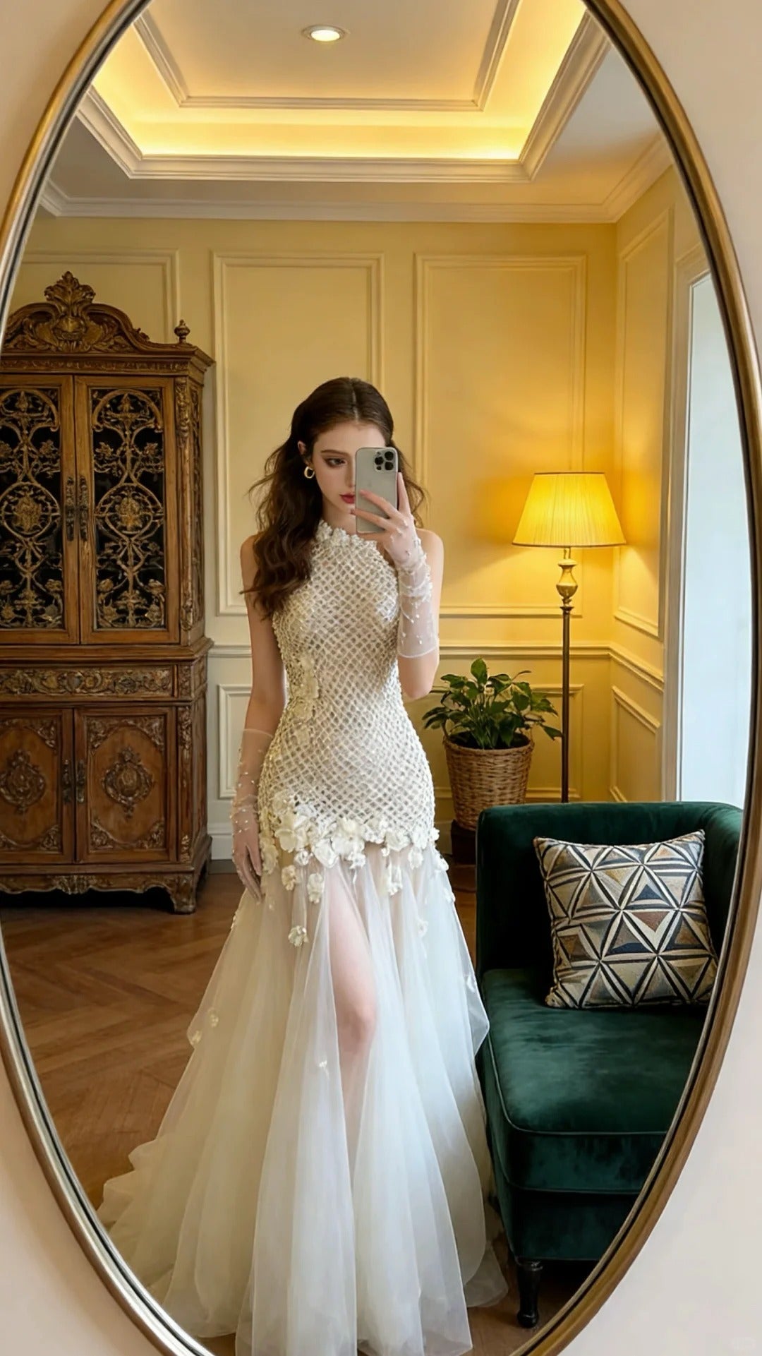 Vintage Ivory Halter Stand Collar 3D Flower Mesh Tulle Train Prom Dress Evening Dress P4905