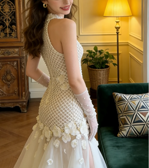 Vintage Ivory Halter Stand Collar 3D Flower Mesh Tulle Train Prom Dress Evening Dress P4905