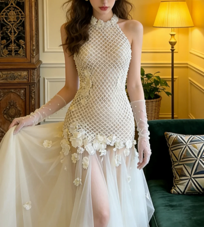 Vintage Ivory Halter Stand Collar 3D Flower Mesh Tulle Train Prom Dress Evening Dress P4905