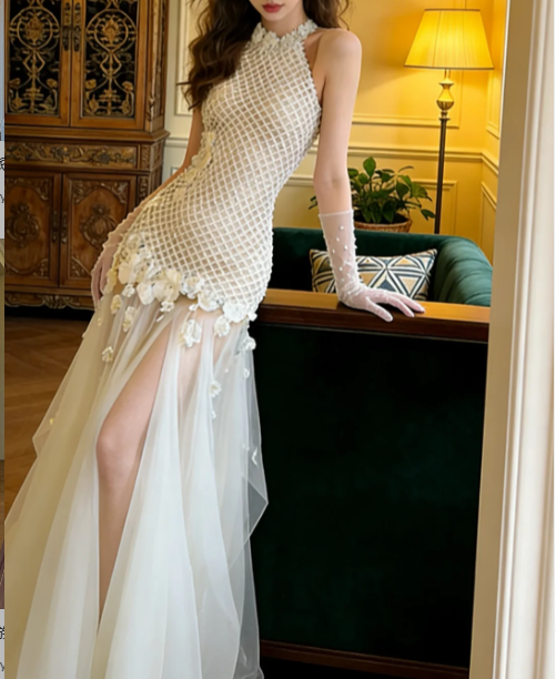 Vintage Ivory Halter Stand Collar 3D Flower Mesh Tulle Train Prom Dress Evening Dress P4905