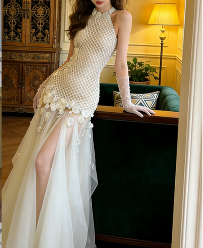 Vintage Ivory Halter Stand Collar 3D Flower Mesh Tulle Train Prom Dress Evening Dress P4905