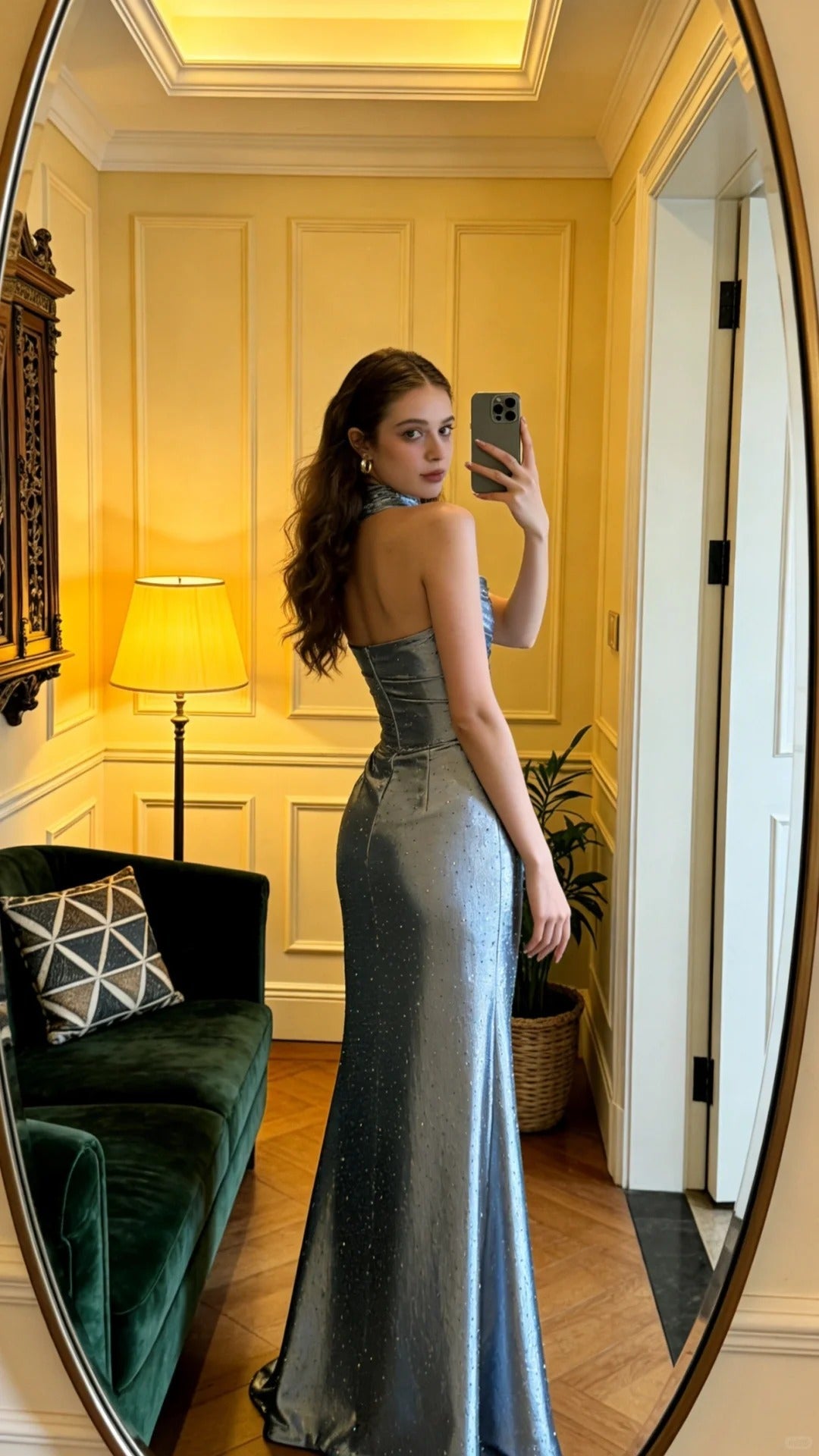 Elegant Silver Gray Mermaid Ruched Rhinestone Satin Long Prom Dress Evening Dress P4906