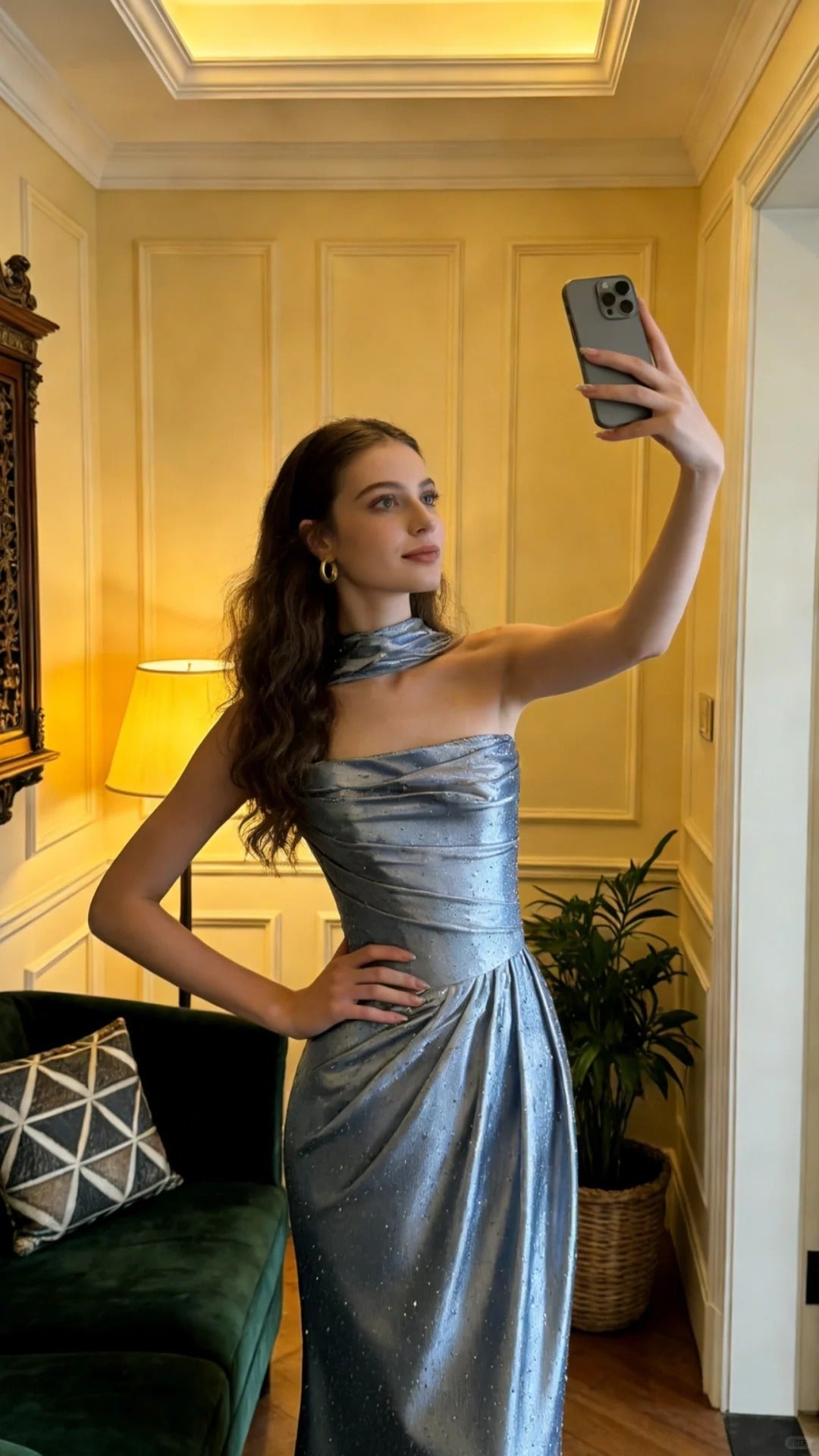 Elegant Silver Gray Mermaid Ruched Rhinestone Satin Long Prom Dress Evening Dress P4906
