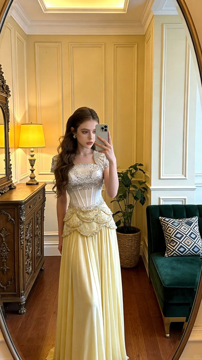 Vintage Cream Yellow Square Neck A-Line Beaded Boned Waist Chiffon Long Prom Dress Evening Dress P4907
