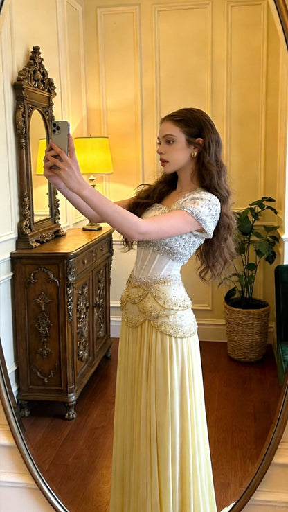 Vintage Cream Yellow Square Neck A-Line Beaded Boned Waist Chiffon Long Prom Dress Evening Dress P4907
