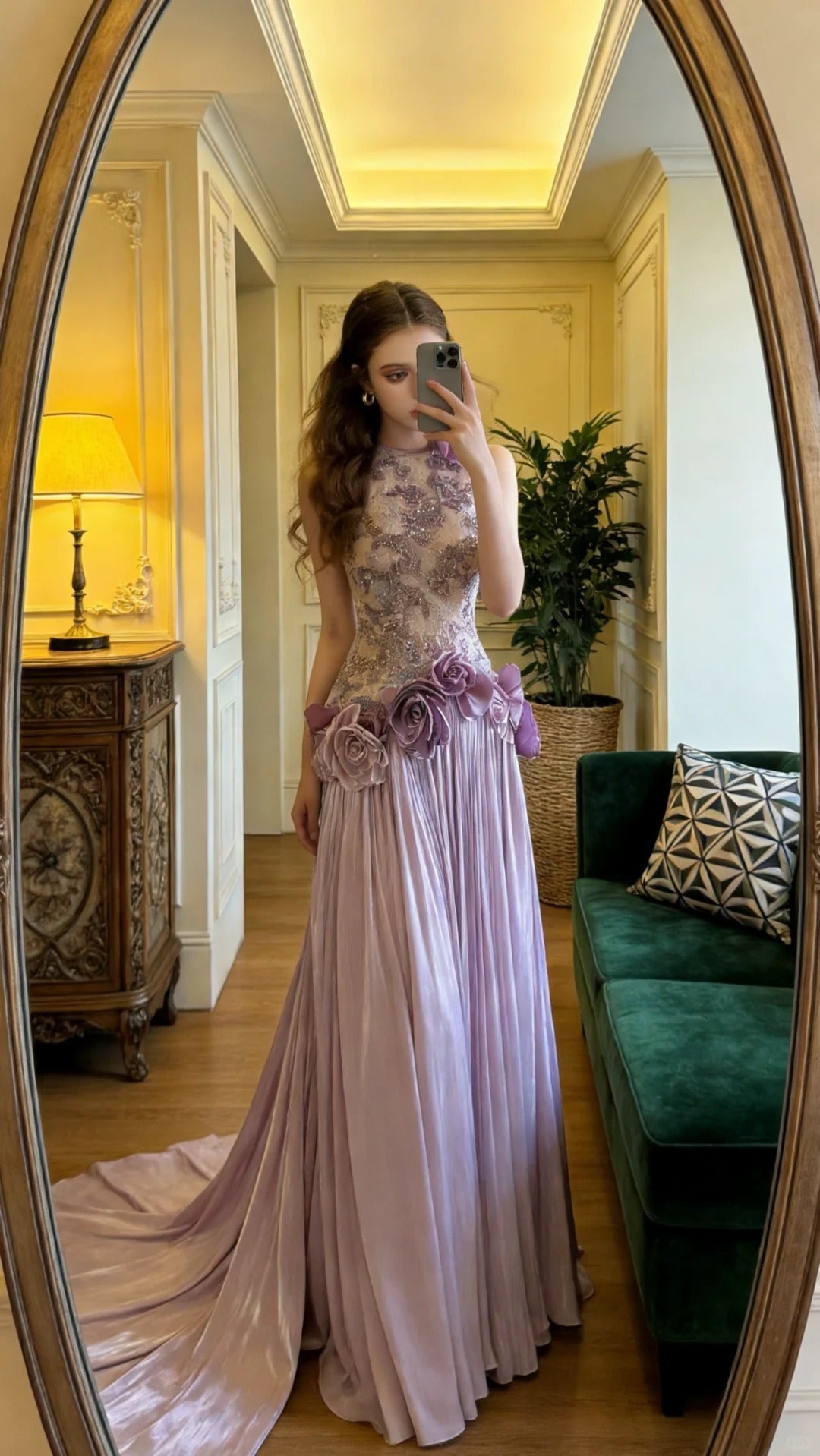 Princess Purple Halter Sleeveless 3D Rose Beaded Lace Chiffon Train Prom Dress Evening Dress P4908