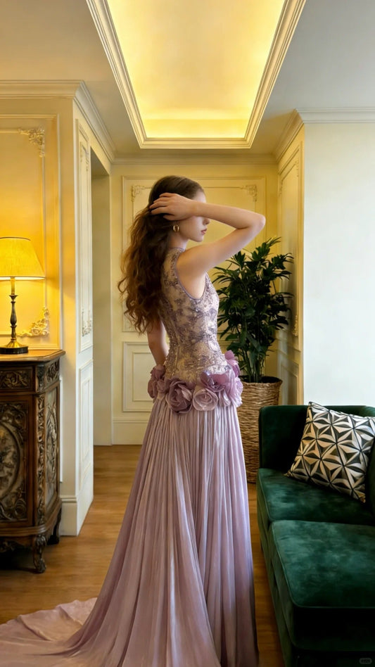 Princess Purple Halter Sleeveless 3D Rose Beaded Lace Chiffon Train Prom Dress Evening Dress P4908