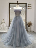 Gray tulle sequin long prom dress, gray tulle formal dress