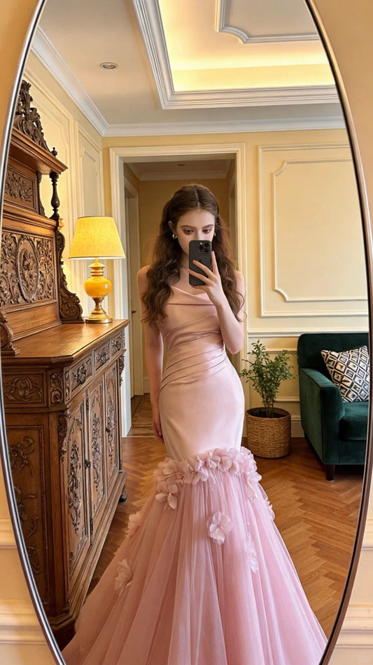 Sweet Pink Strapless Mermaid 3D Floral Satin Tulle Train Prom Dress Evening Dress P4909