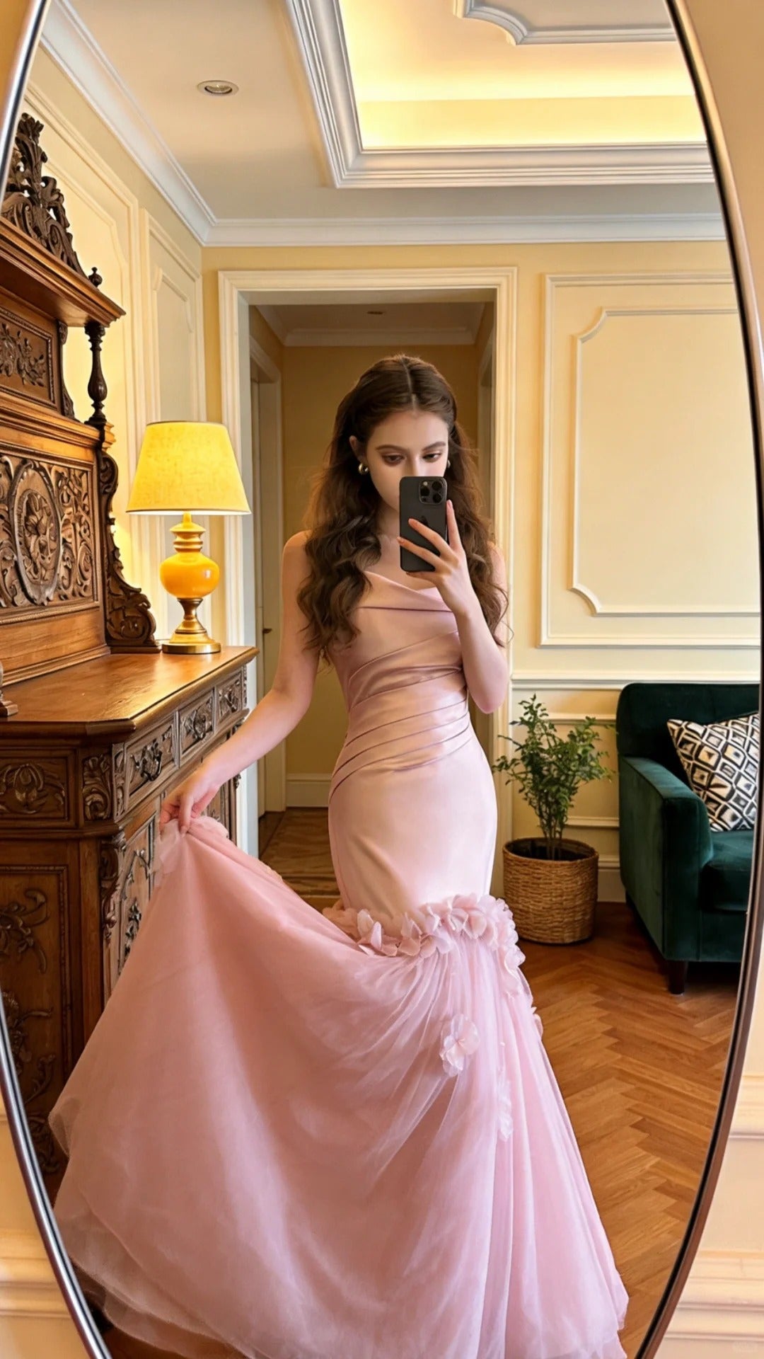 Sweet Pink Strapless Mermaid 3D Floral Satin Tulle Train Prom Dress Evening Dress P4909