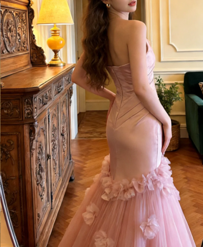 Sweet Pink Strapless Mermaid 3D Floral Satin Tulle Train Prom Dress Evening Dress P4909