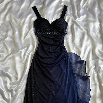 Dark blue shiny elegant exquisite beaded long chiffon prom dress, evening dress, party dress, graduation dress gh3506