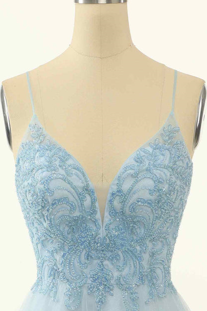Light Blue A-line V Neck Beading-Embroidered Tulle Mini Homecoming Dress