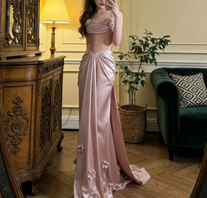 Elegant Pink Spaghetti Strap 3D Flower Satin Train Prom Dress Evening Dress P4910
