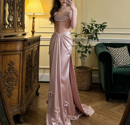 Elegant Pink Spaghetti Strap 3D Flower Satin Train Prom Dress Evening Dress P4910
