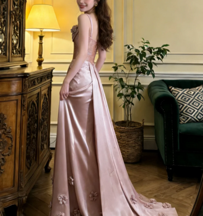 Elegant Pink Spaghetti Strap 3D Flower Satin Train Prom Dress Evening Dress P4910