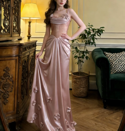 Elegant Pink Spaghetti Strap 3D Flower Satin Train Prom Dress Evening Dress P4910
