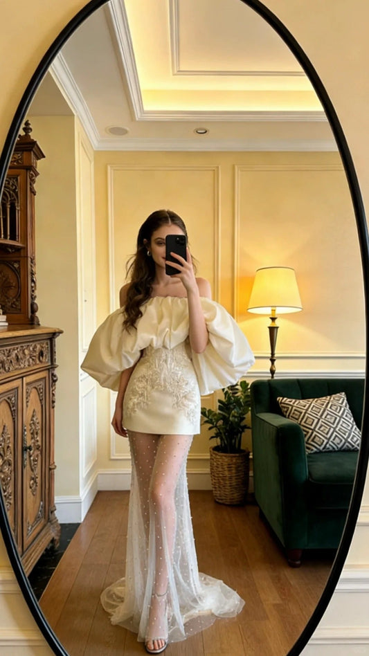 Beautiful Ivory Off-the-Shoulder Puff Sleeve Satin Tulle Train Prom Dress Evening Dress P4911
