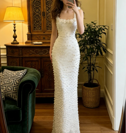 legant Ivory Mermaid Spaghetti Strap Square Neck 3D Rose Pearl Satin Long Prom Dress Evening Dress P4912