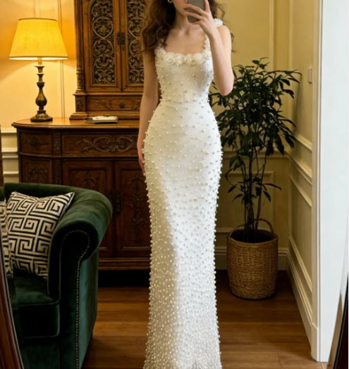 legant Ivory Mermaid Spaghetti Strap Square Neck 3D Rose Pearl Satin Long Prom Dress Evening Dress P4912
